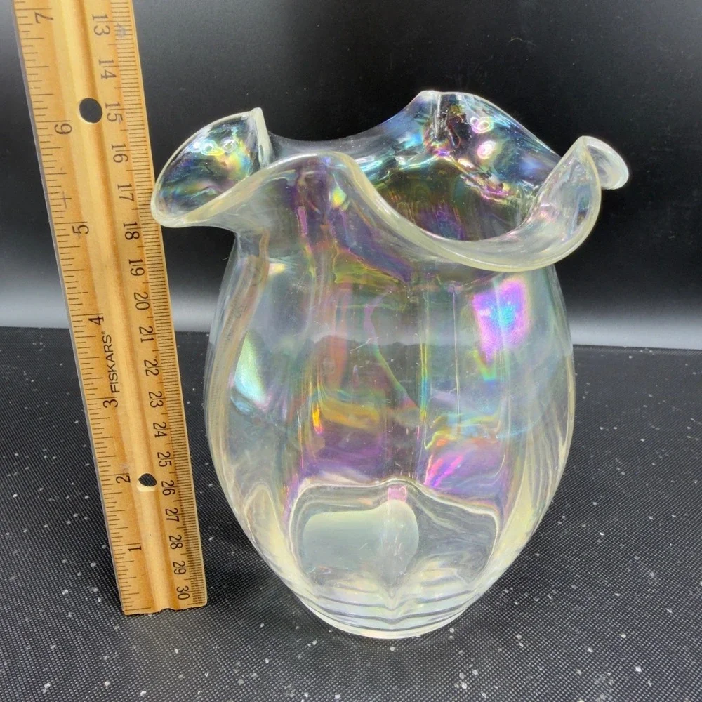 Silvestri‎ Iridescent Carnival Glass Vase Ruffled Rim Pearlescent Luster Clear